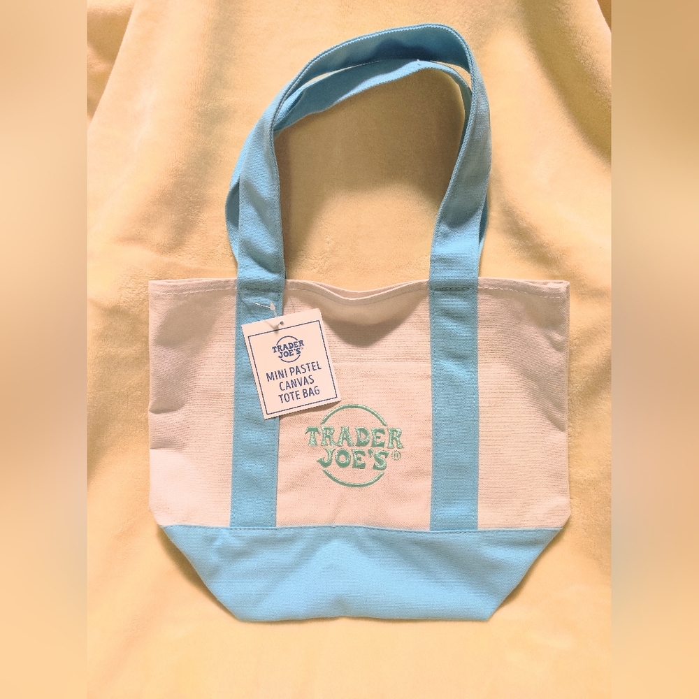 NWT Trader Joe's Pastel Mini Canvas Tote Bag - Blue with Green Logo